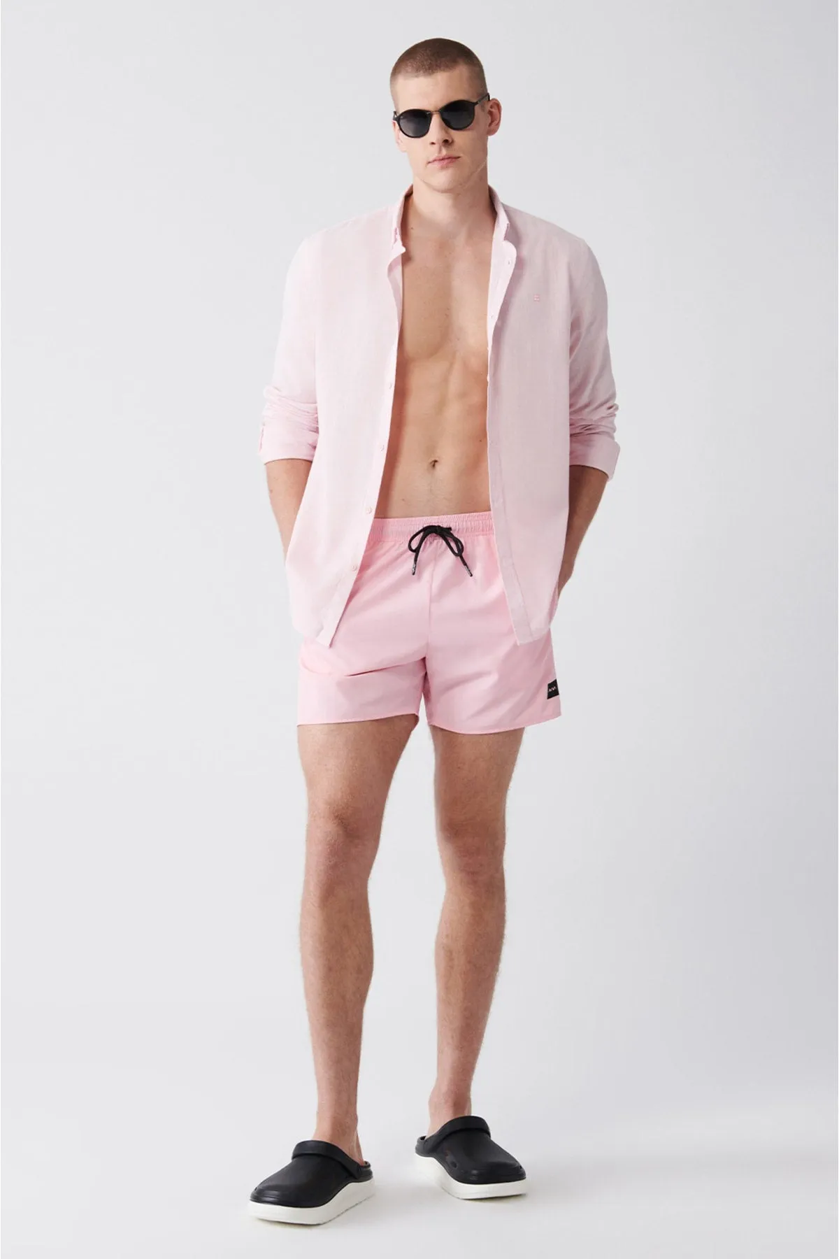 Men's Light Pink Quick Dry Standard Size Straight Swimwear Marine Shorts E003801