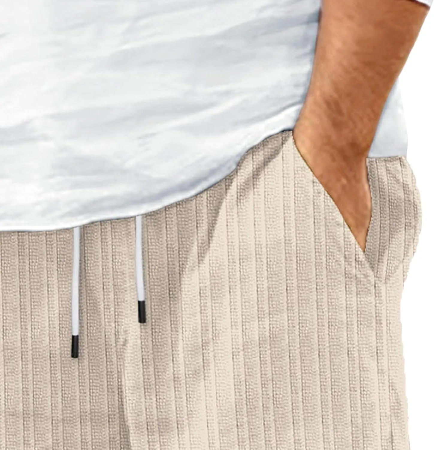 Mens Linen Flat Front Casual Shorts Classic Fit Drawstring Beach Shorts Elastic Waist Drawstring Beach Short