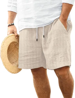 Mens Linen Flat Front Casual Shorts Classic Fit Drawstring Beach Shorts Elastic Waist Drawstring Beach Short