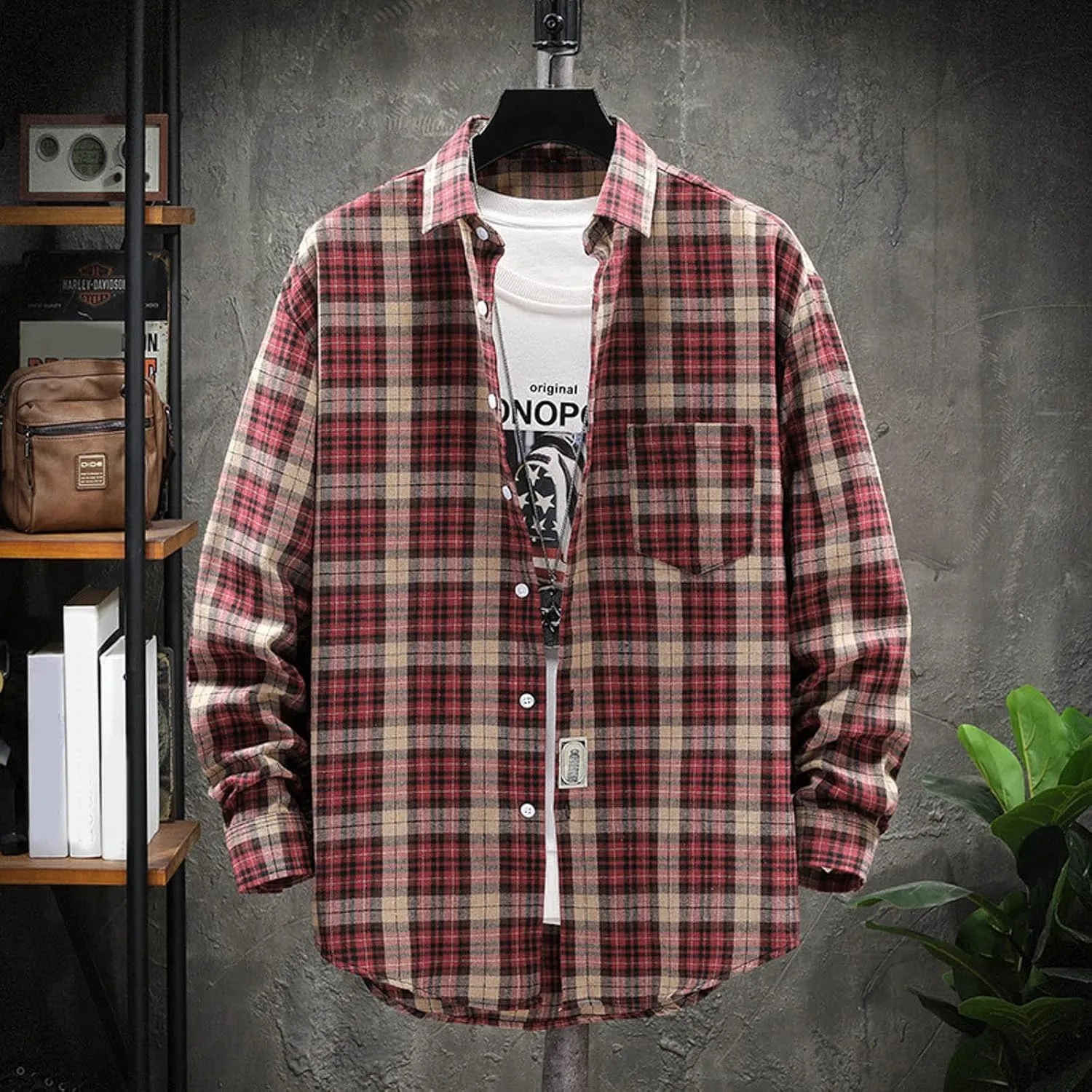 Men's Plaid Hooded Shirts Casual Sanding Plaid Buckle Lapel Short Sleeve Shirt Jacket Brushed Soft Outdoor Shirts