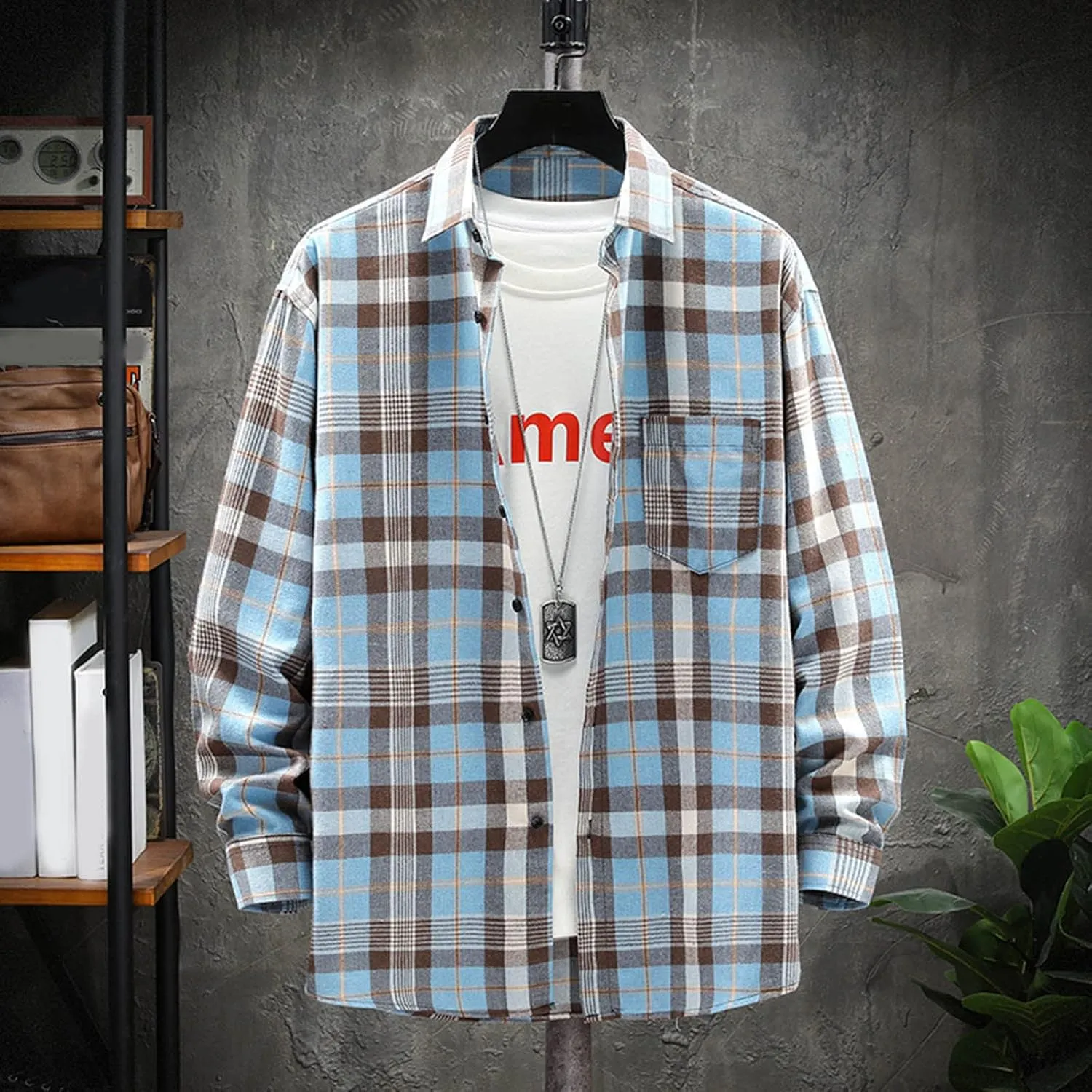 Men's Plaid Hooded Shirts Casual Sanding Plaid Buckle Lapel Short Sleeve Shirt Jacket Brushed Soft Outdoor Shirts