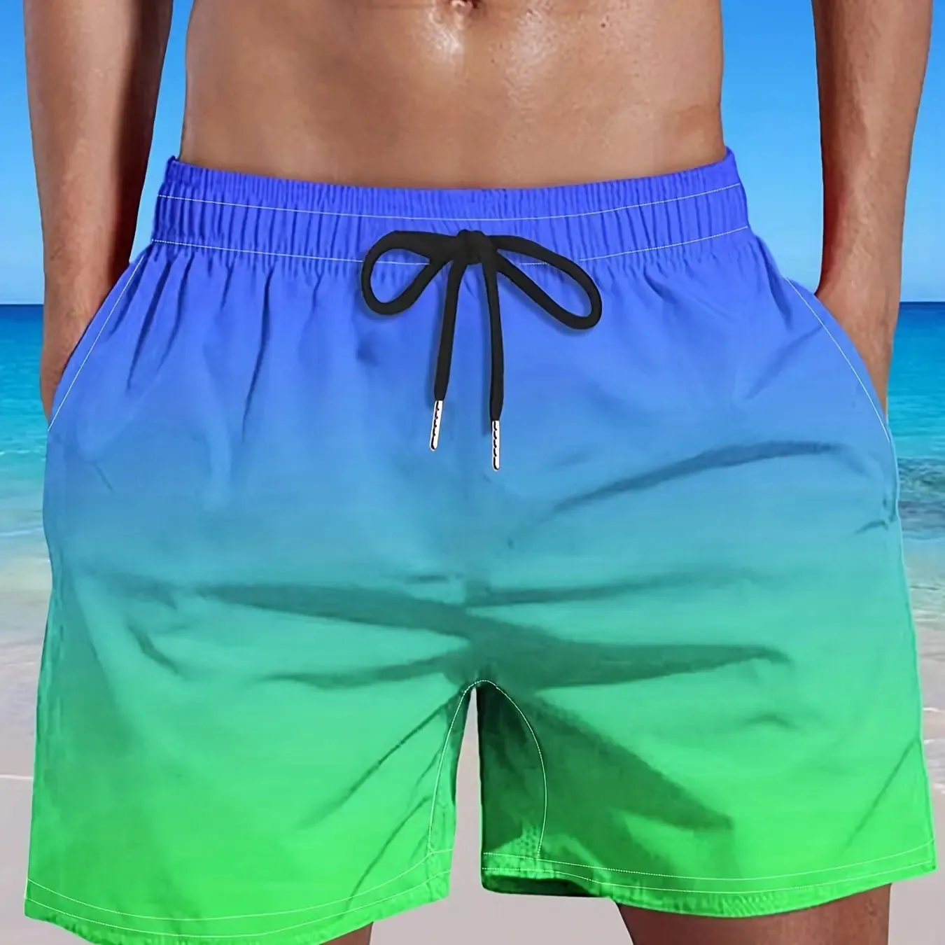 Men's Plus Size Gradient Beach Shorts with Elastic Drawstring