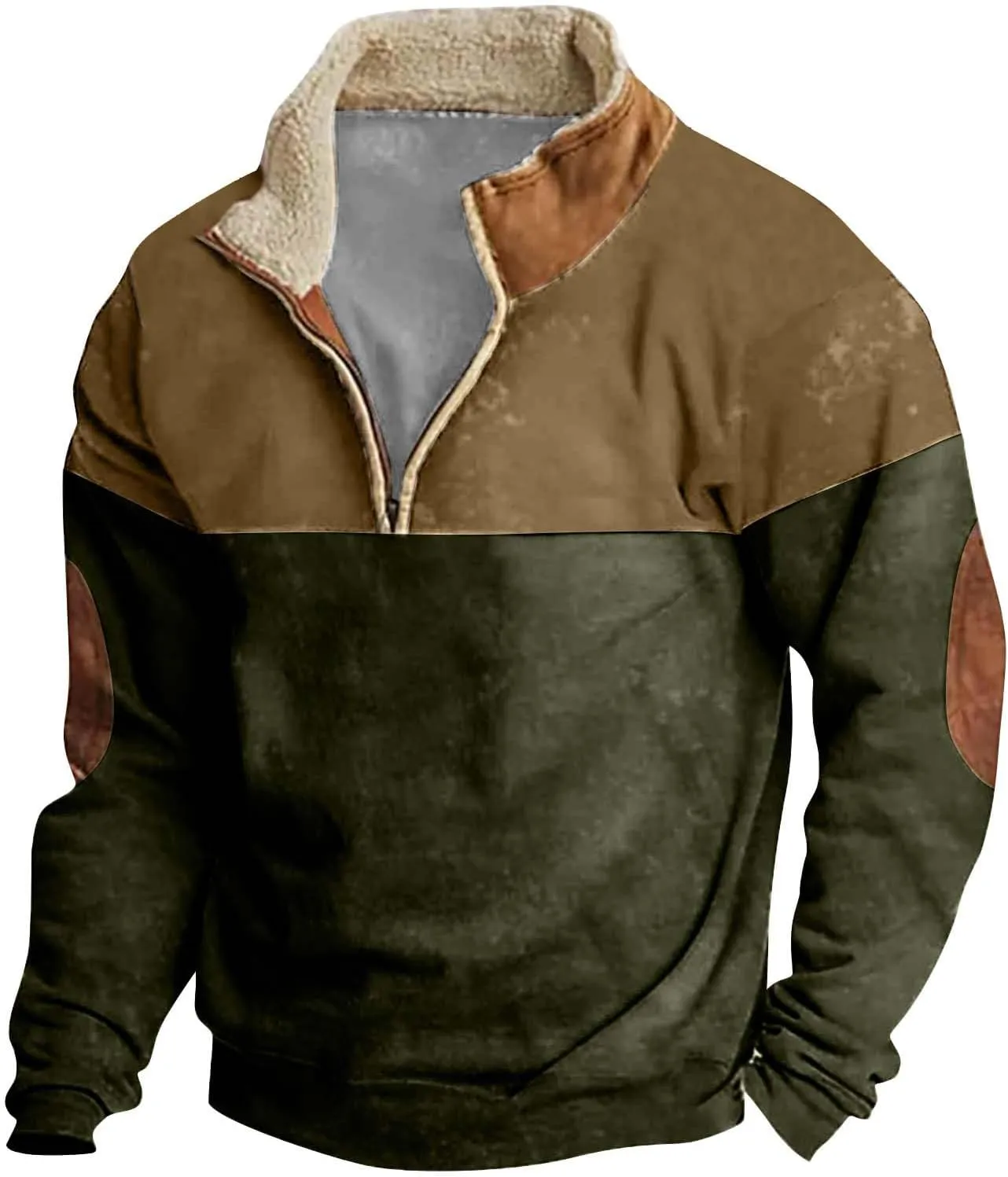 Men's Quarter Zipper Sherpa Sweatshirts 2025 Thermal Warm Sweater 1/4 Zip Stand Collar Cowboy Print Tactical Jacket