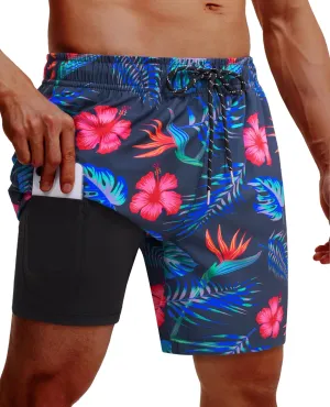 Men's Swim Trunks 7 Inch with Compression Liner 2 in 1 Swim Shorts Stretch Quick Dry Bathing Suits with Pockets