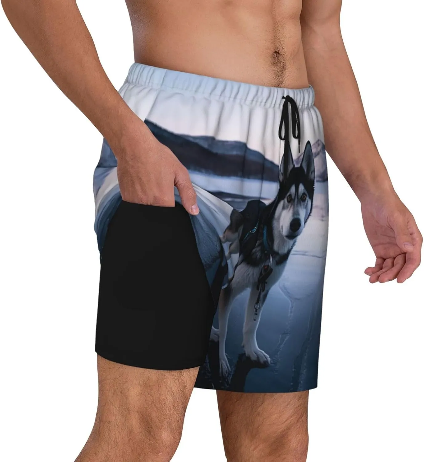 Men's Swim Trunks Quick Dry Board Shorts Drawstring Beach Short Husky Dog on a Frozen Lake Bathing Suit for Men
