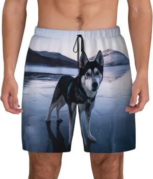 Men's Swim Trunks Quick Dry Board Shorts Drawstring Beach Short Husky Dog on a Frozen Lake Bathing Suit for Men