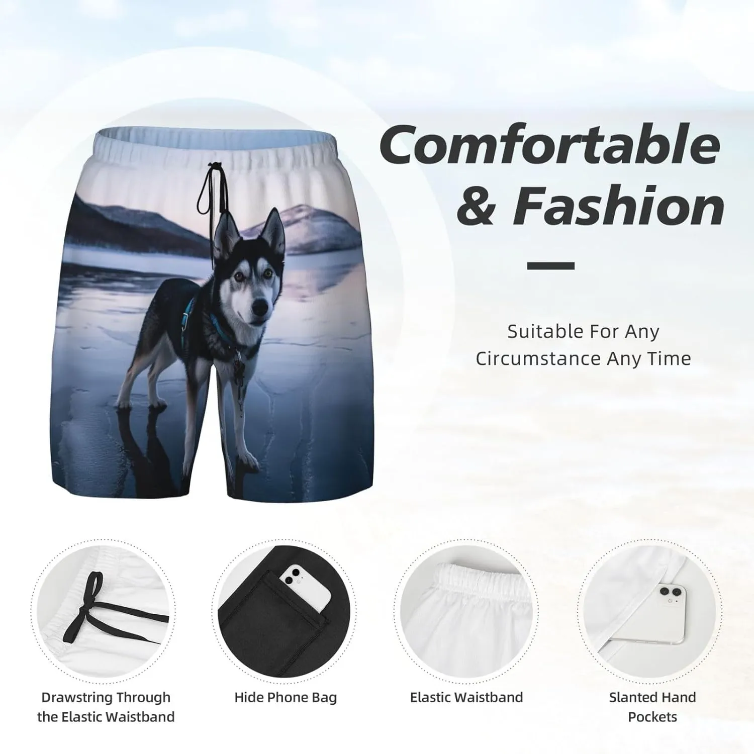 Men's Swim Trunks Quick Dry Board Shorts Drawstring Beach Short Husky Dog on a Frozen Lake Bathing Suit for Men