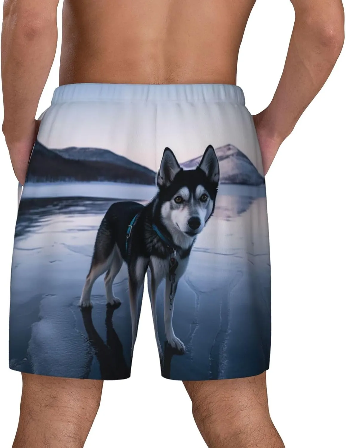 Men's Swim Trunks Quick Dry Board Shorts Drawstring Beach Short Husky Dog on a Frozen Lake Bathing Suit for Men