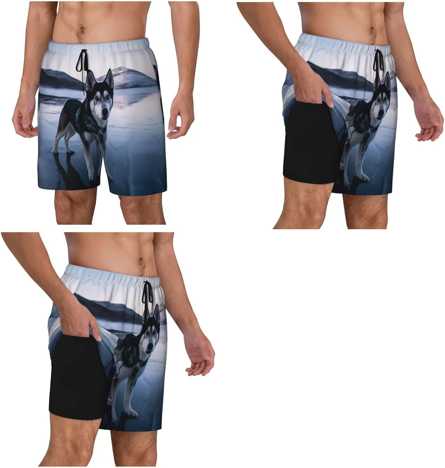 Men's Swim Trunks Quick Dry Board Shorts Drawstring Beach Short Husky Dog on a Frozen Lake Bathing Suit for Men