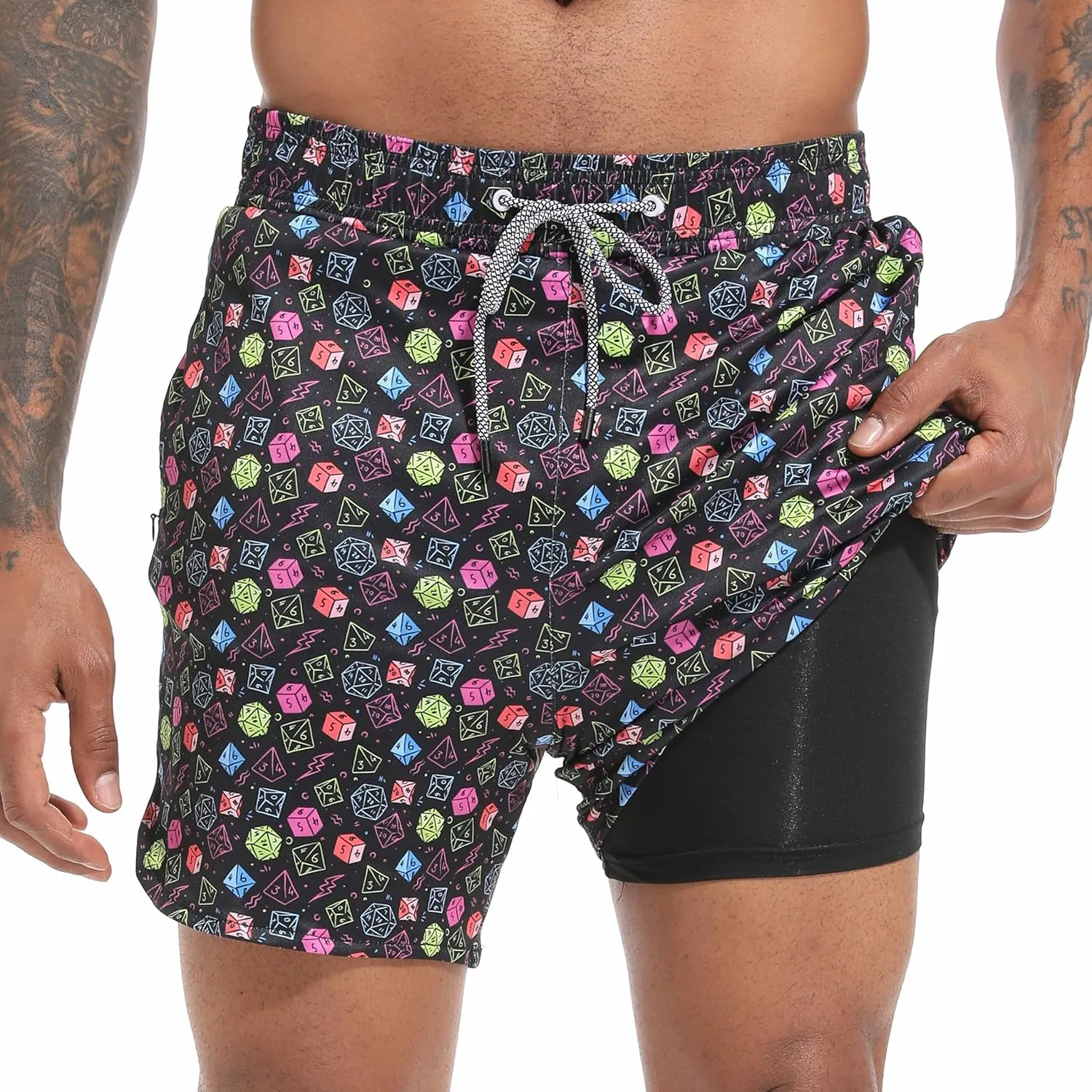 Mens Swim Trunks with Compression Liner 5.5" Board Shorts with Zipper Pockets 2 in 1 Quick Dry Bathing Suits