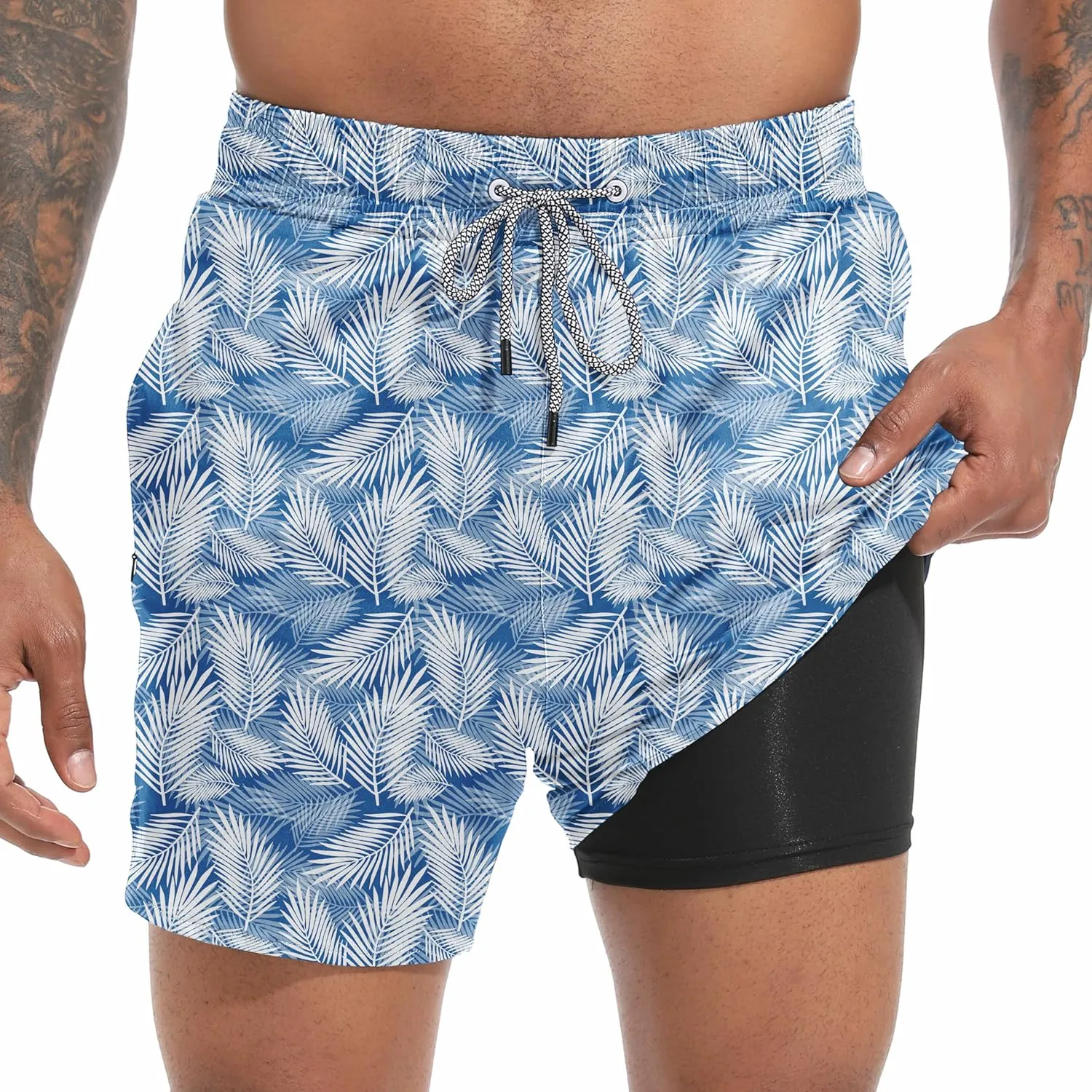 Mens Swim Trunks with Compression Liner 5.5" Board Shorts with Zipper Pockets 2 in 1 Quick Dry Bathing Suits