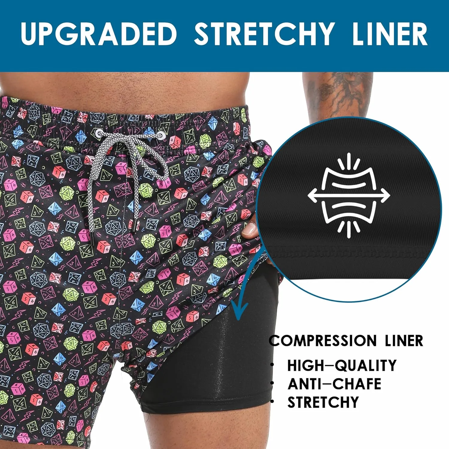 Mens Swim Trunks with Compression Liner 5.5" Board Shorts with Zipper Pockets 2 in 1 Quick Dry Bathing Suits
