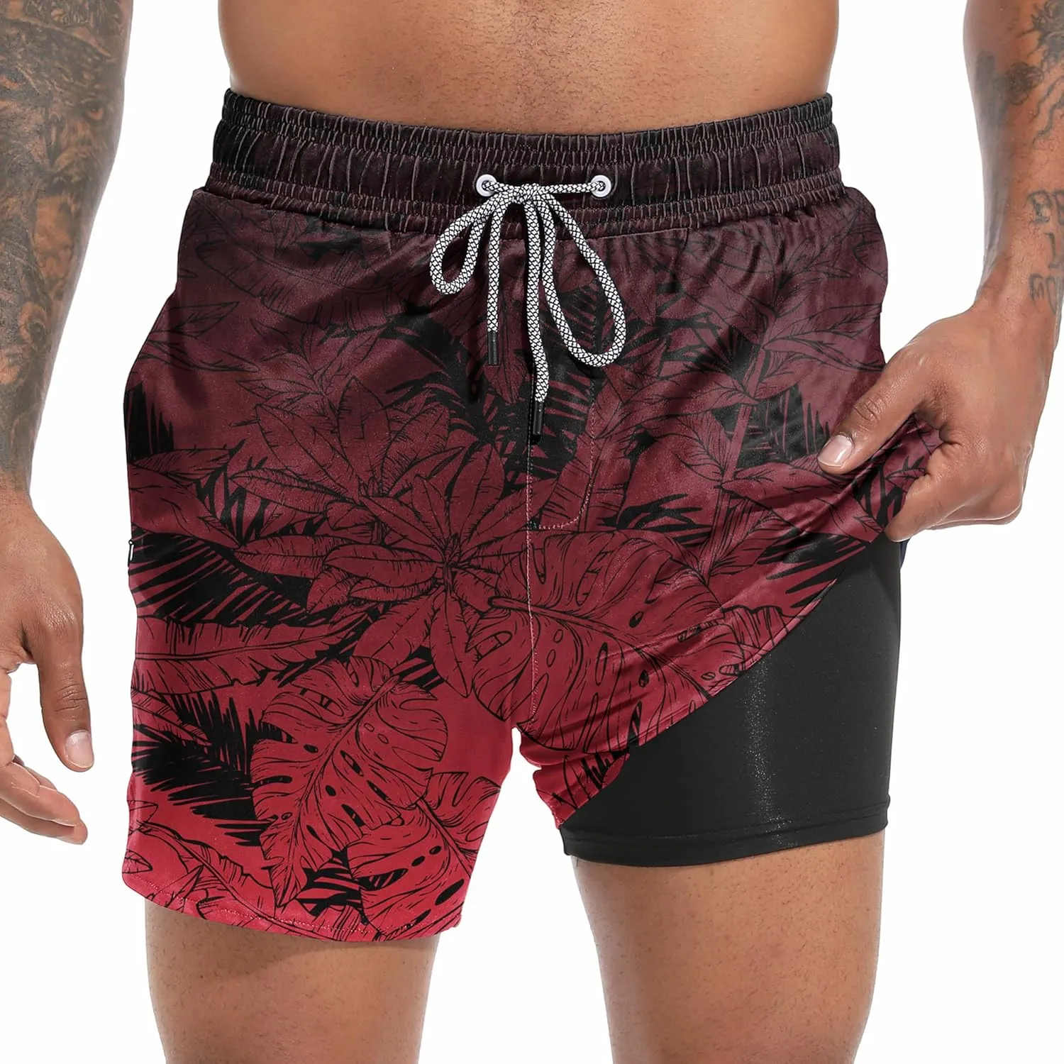 Mens Swim Trunks with Compression Liner 5.5" Board Shorts with Zipper Pockets 2 in 1 Quick Dry Bathing Suits