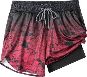 Mens Swim Trunks with Compression Liner 5.5" Board Shorts with Zipper Pockets 2 in 1 Quick Dry Bathing Suits