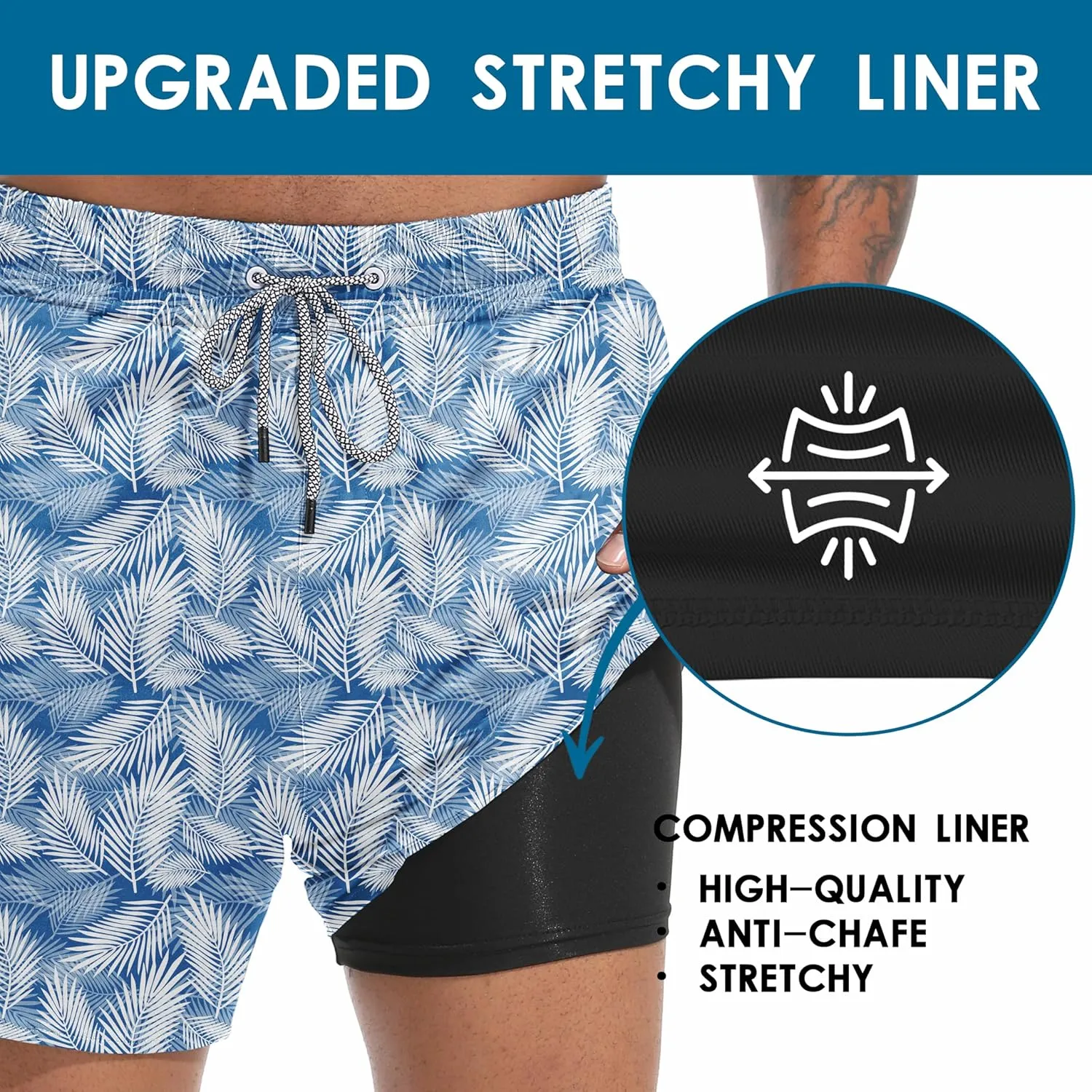 Mens Swim Trunks with Compression Liner 5.5" Board Shorts with Zipper Pockets 2 in 1 Quick Dry Bathing Suits