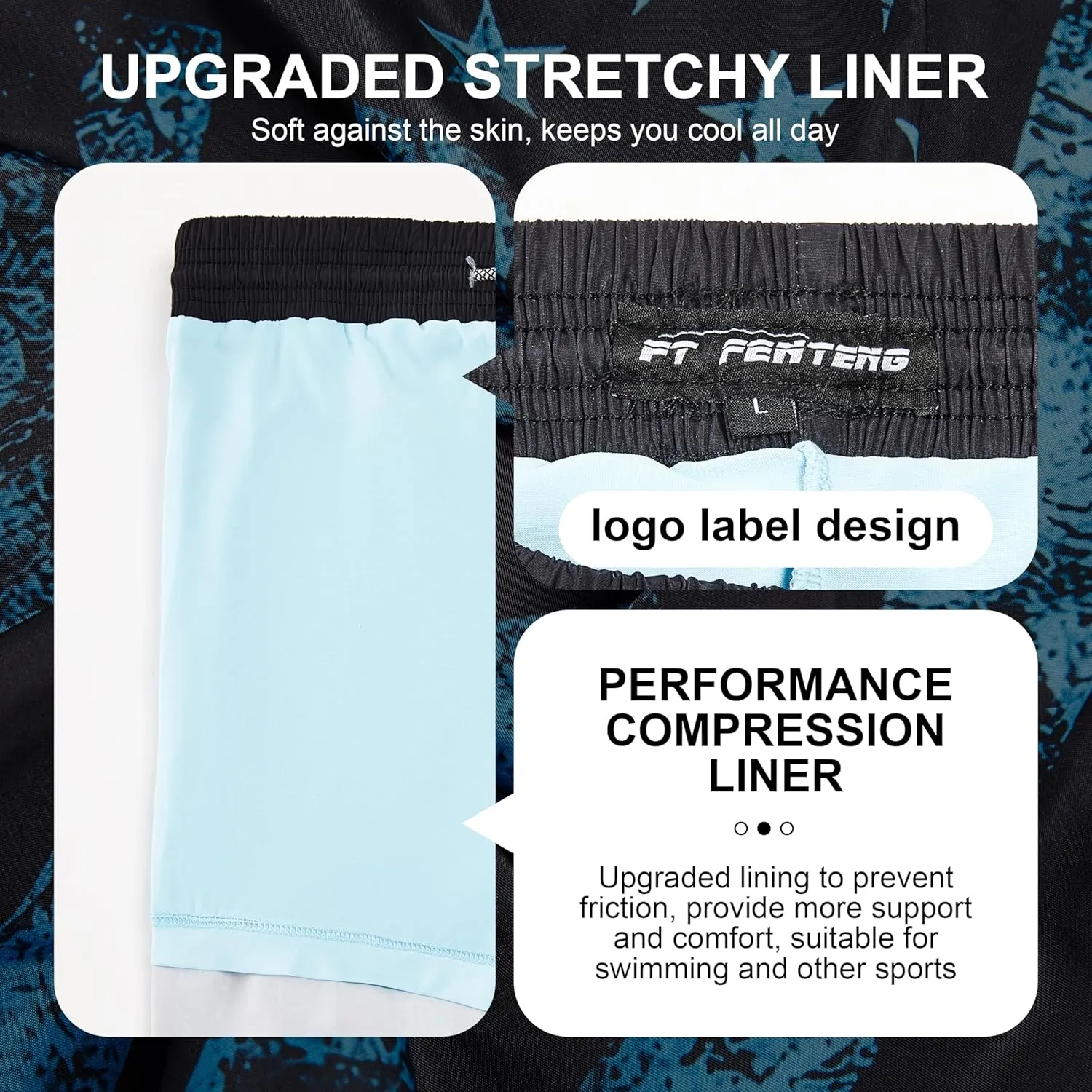 Mens Swim Trunks with Compression Liner 5" Stretch Board Shorts Quick Dry Zipper Pockets 2 in 1 Mens Bathing Suits