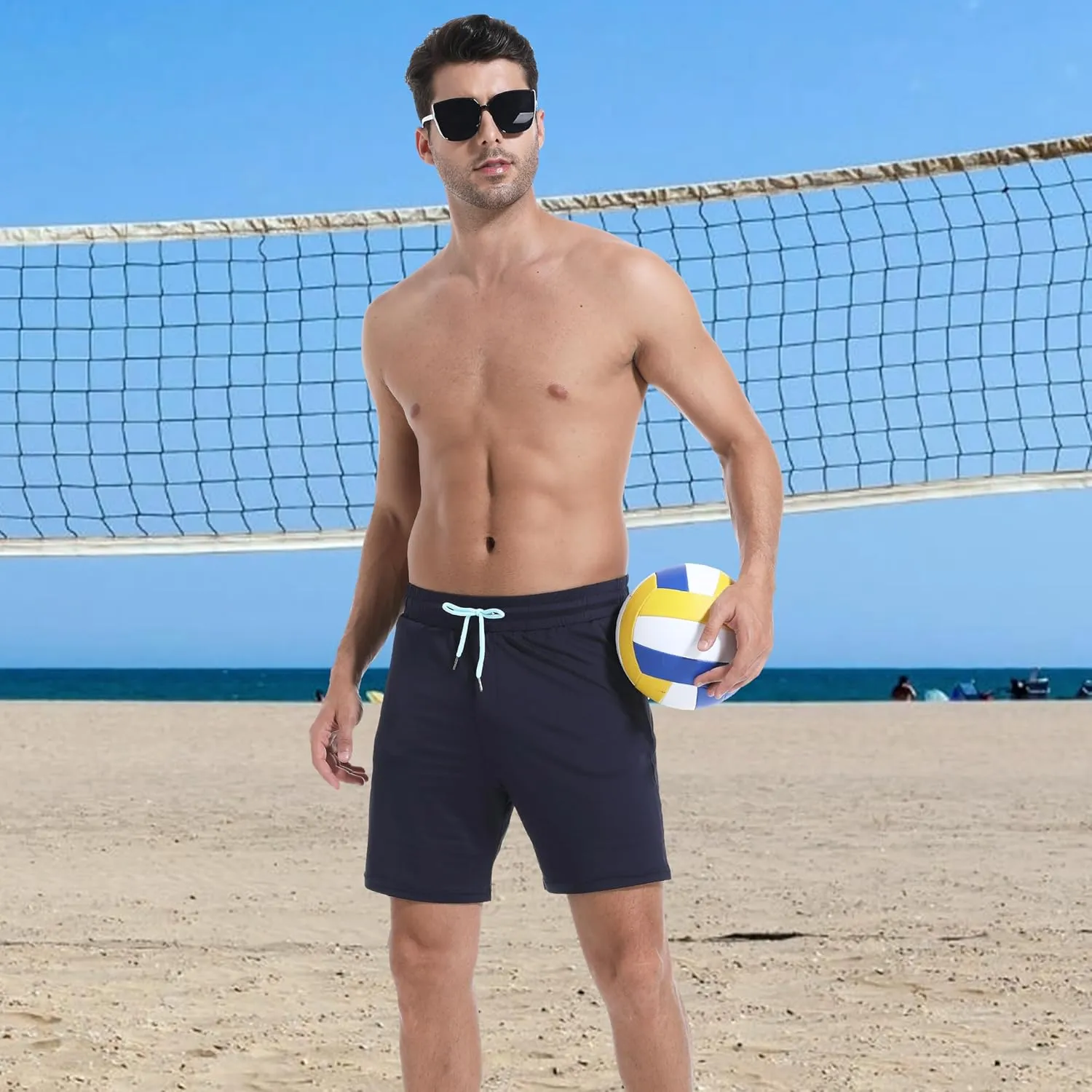 Mens Swim Trunks with Compression Liner 7" Board Shorts with Zipper Pockets 2 in 1 Quick Dry Bathing Suits
