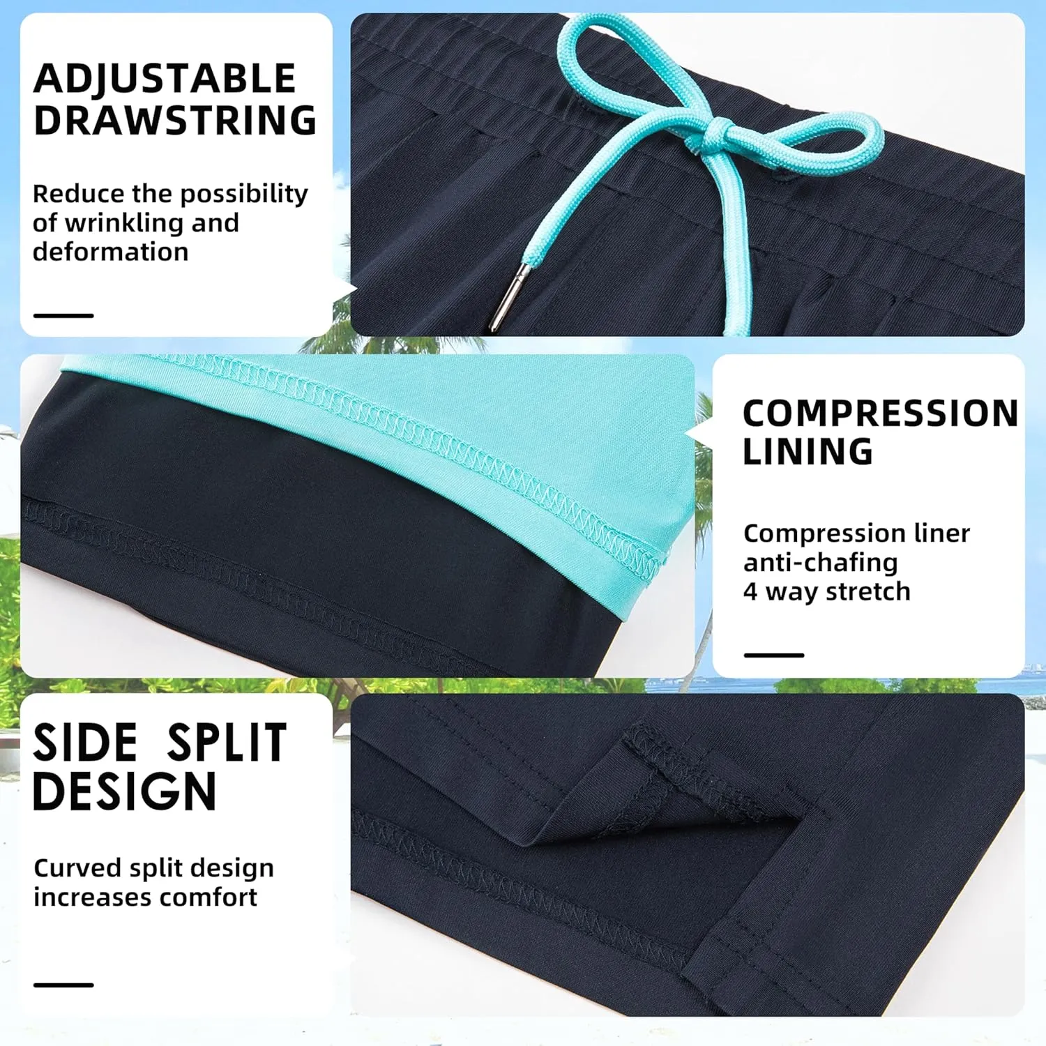 Mens Swim Trunks with Compression Liner 7" Board Shorts with Zipper Pockets 2 in 1 Quick Dry Bathing Suits