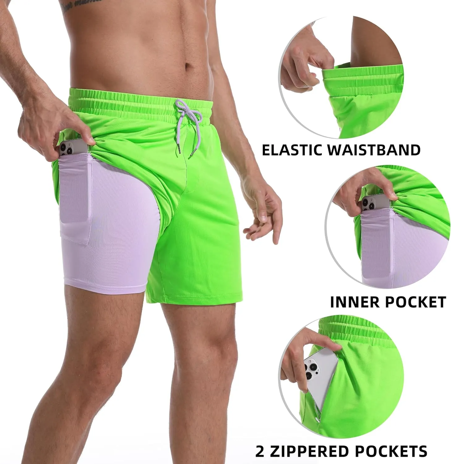 Mens Swim Trunks with Compression Liner 7" Board Shorts with Zipper Pockets 2 in 1 Quick Dry Bathing Suits