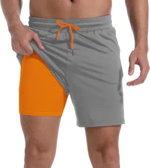 Mens Swim Trunks with Compression Liner 7" Board Shorts with Zipper Pockets 2 in 1 Quick Dry Bathing Suits