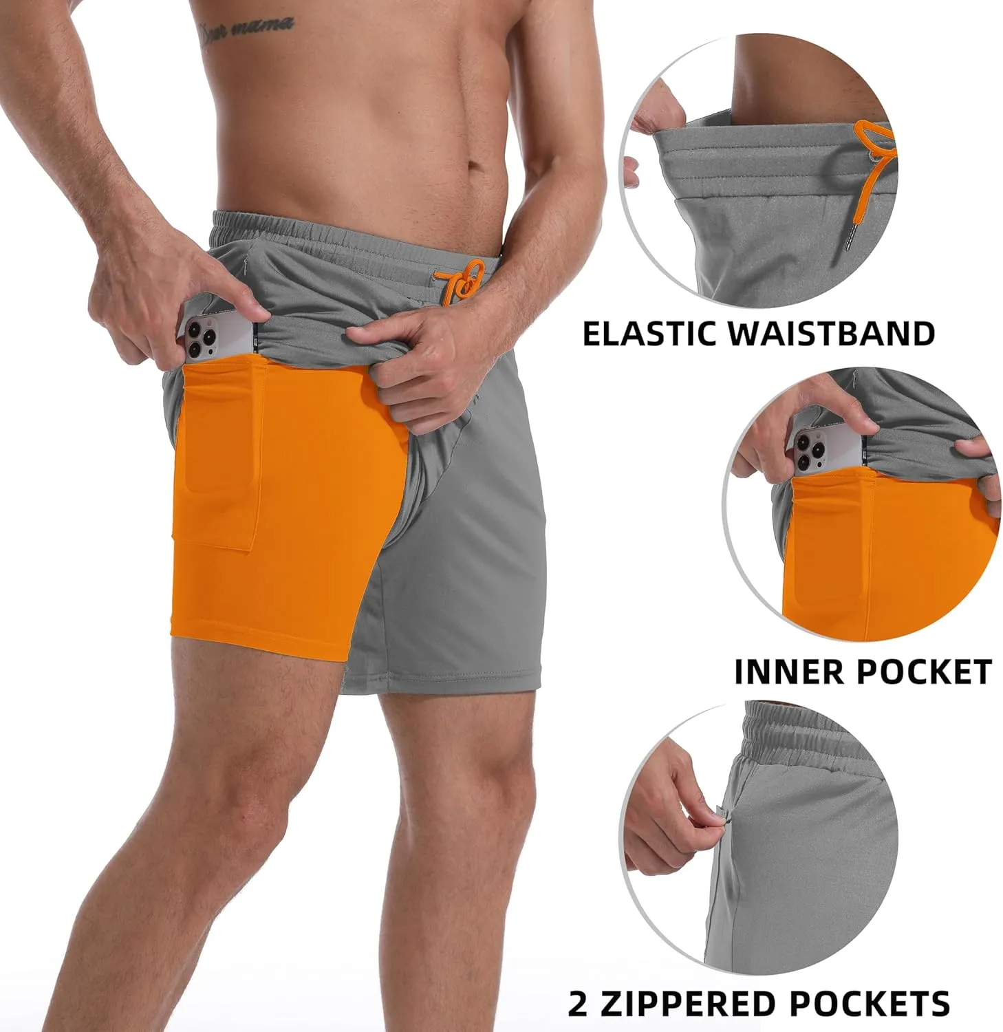 Mens Swim Trunks with Compression Liner 7" Board Shorts with Zipper Pockets 2 in 1 Quick Dry Bathing Suits