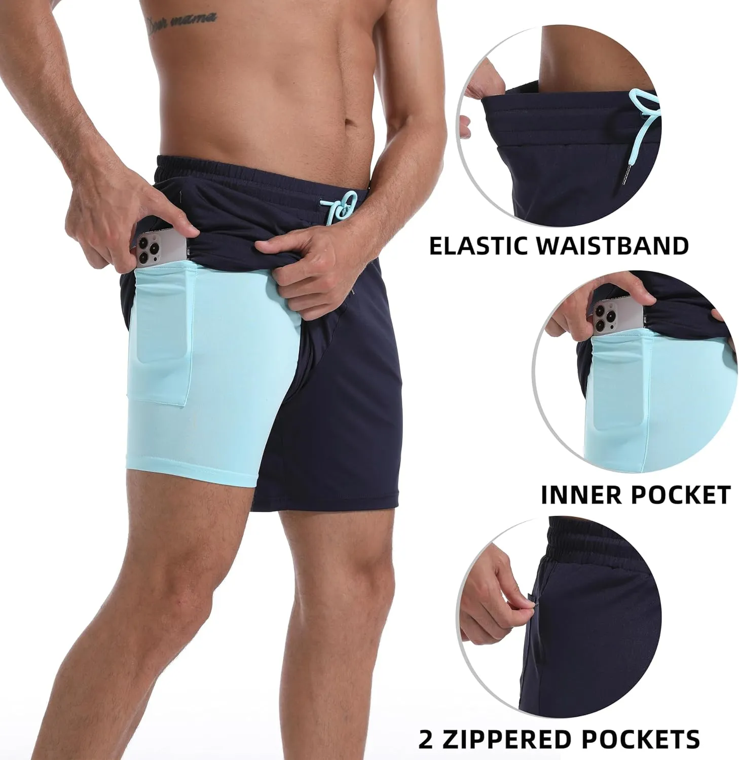 Mens Swim Trunks with Compression Liner 7" Board Shorts with Zipper Pockets 2 in 1 Quick Dry Bathing Suits