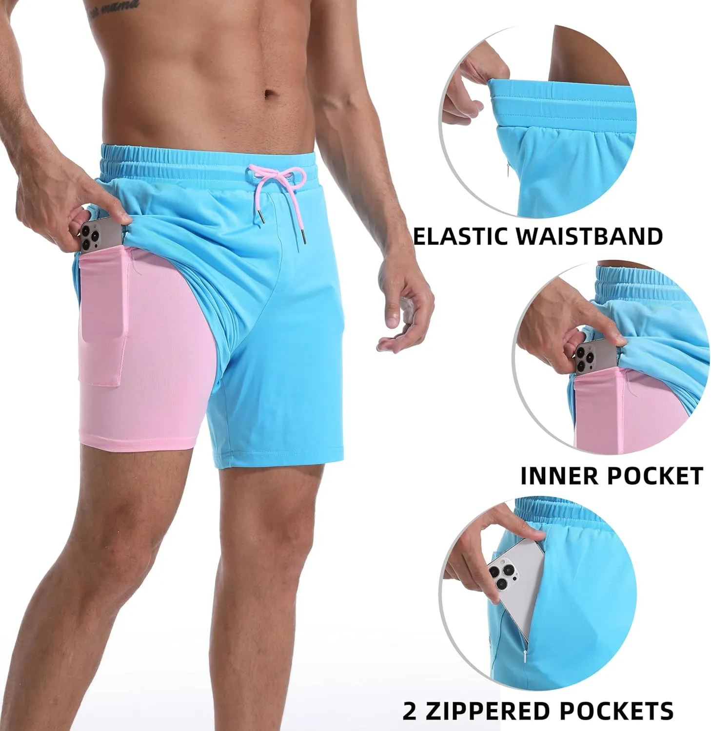 Mens Swim Trunks with Compression Liner 7" Board Shorts with Zipper Pockets 2 in 1 Quick Dry Bathing Suits