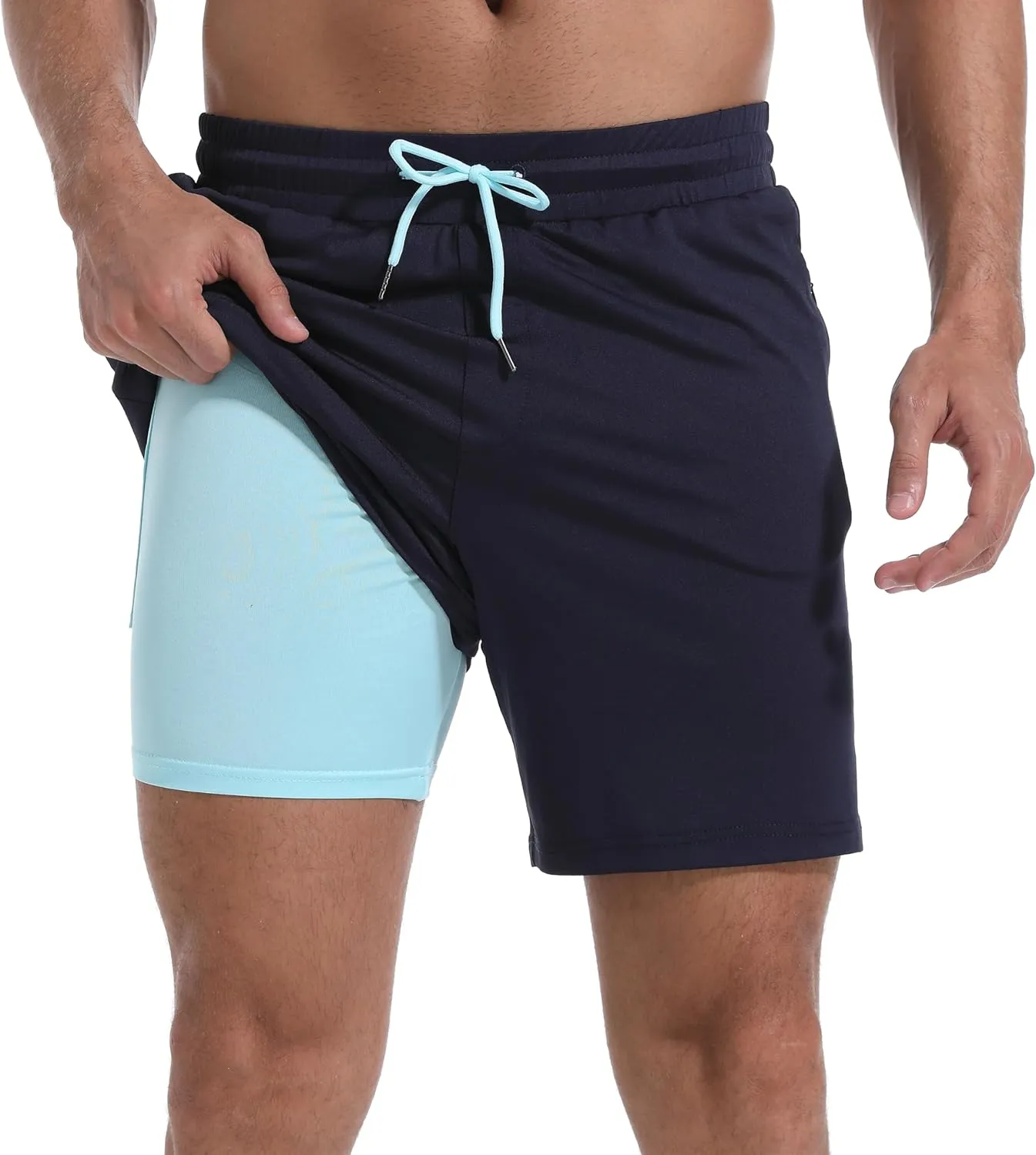 Mens Swim Trunks with Compression Liner 7" Board Shorts with Zipper Pockets 2 in 1 Quick Dry Bathing Suits