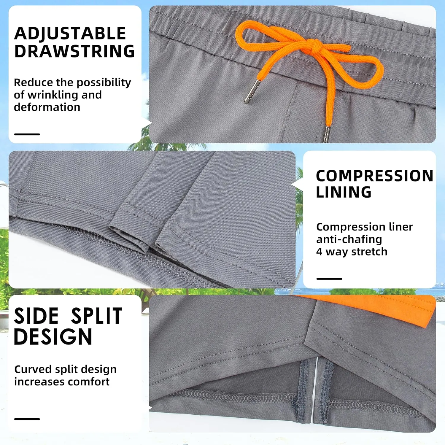 Mens Swim Trunks with Compression Liner 7" Board Shorts with Zipper Pockets 2 in 1 Quick Dry Bathing Suits