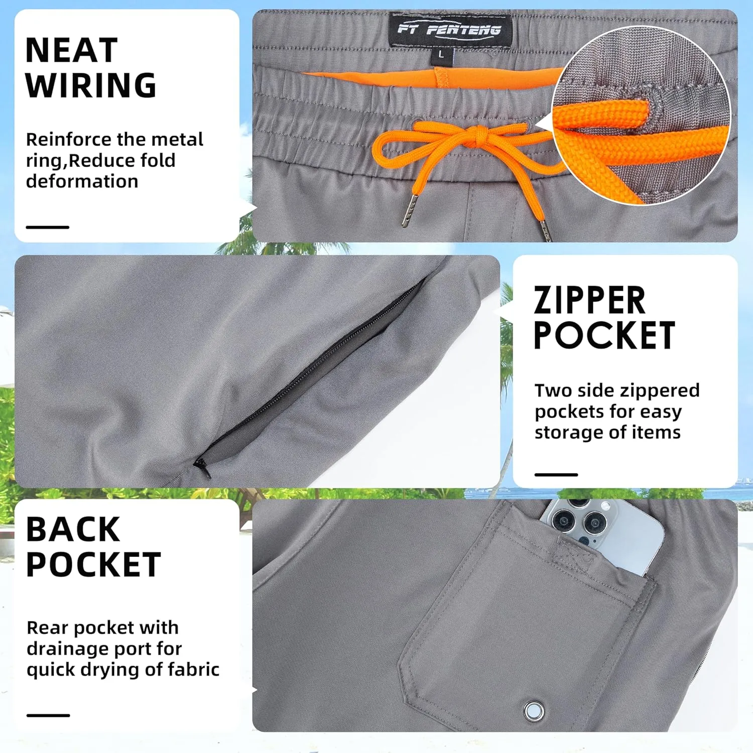 Mens Swim Trunks with Compression Liner 7" Board Shorts with Zipper Pockets 2 in 1 Quick Dry Bathing Suits