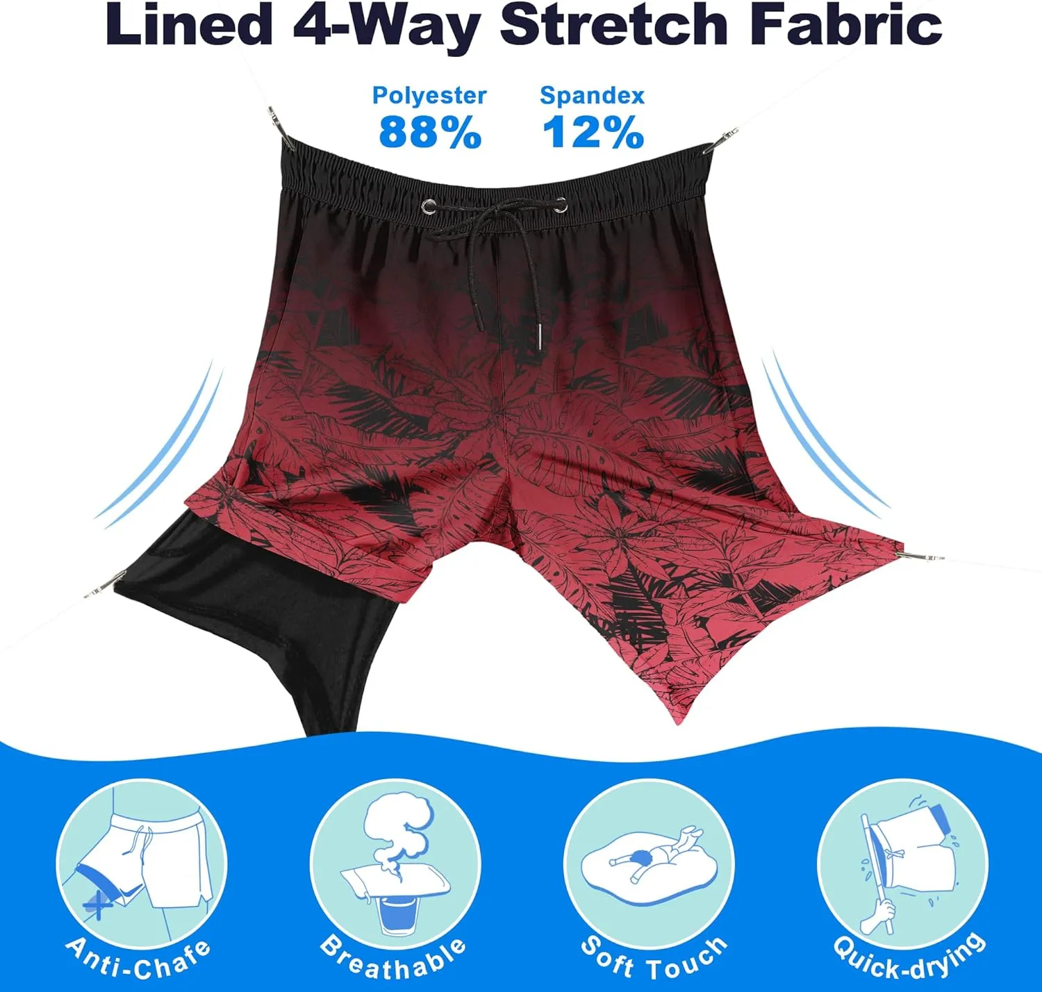 Mens Swim Trunks with Compression Liner 9" Stretch Board Shorts 2 in 1 Quick Dry Swimwear Bathing Suits