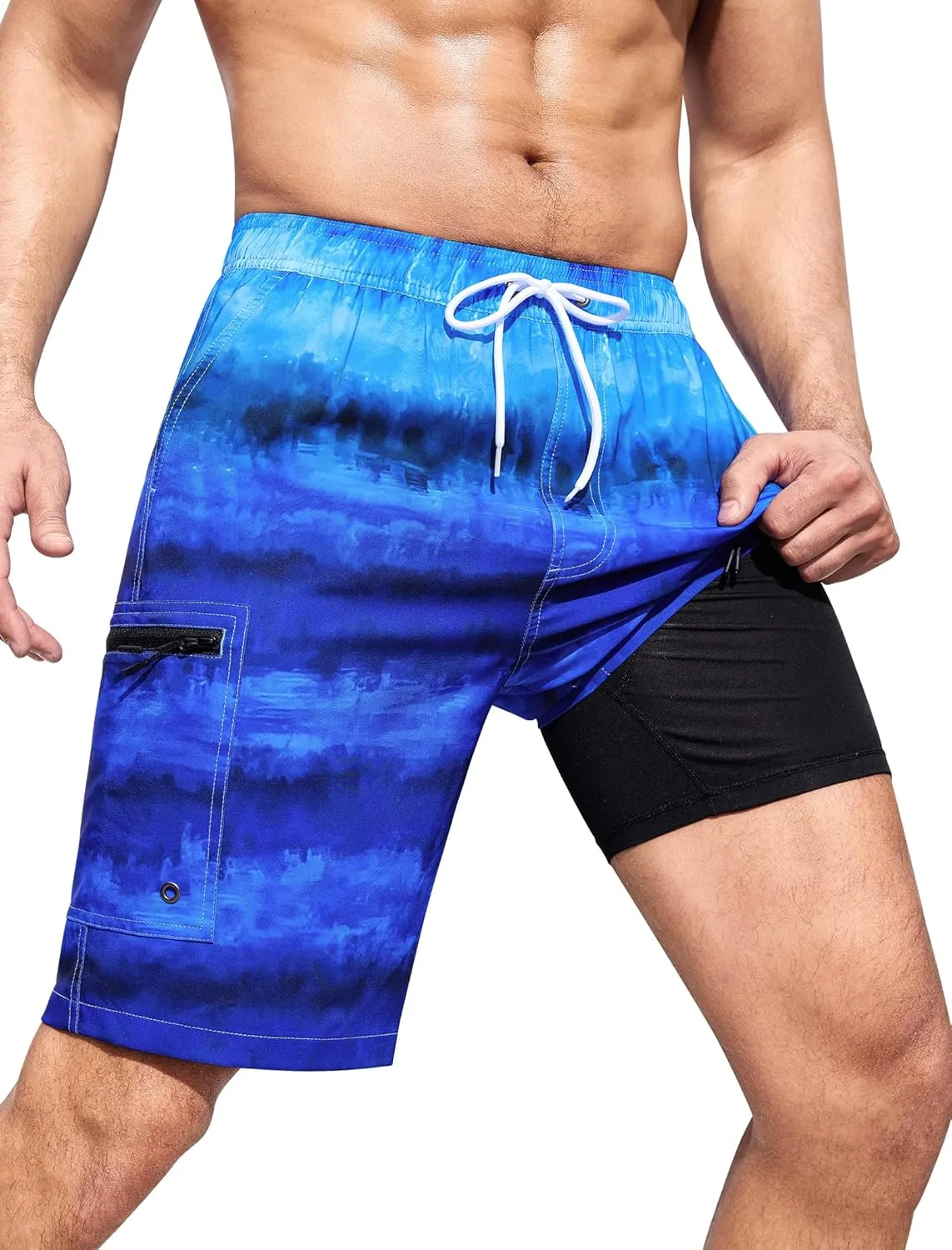 Mens Swim Trunks with Compression Liner Zipper Cargo Pockets Bathing Suit 9 Inch Quick-Dry Swimming Shorts