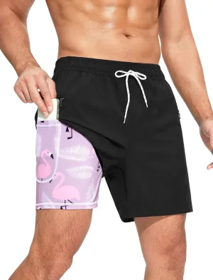 Mens Swim Trunks with Printed Compression Liner Quick Dry Bathing Suits 6" Beach Swimming Shorts with Zipper Pockets