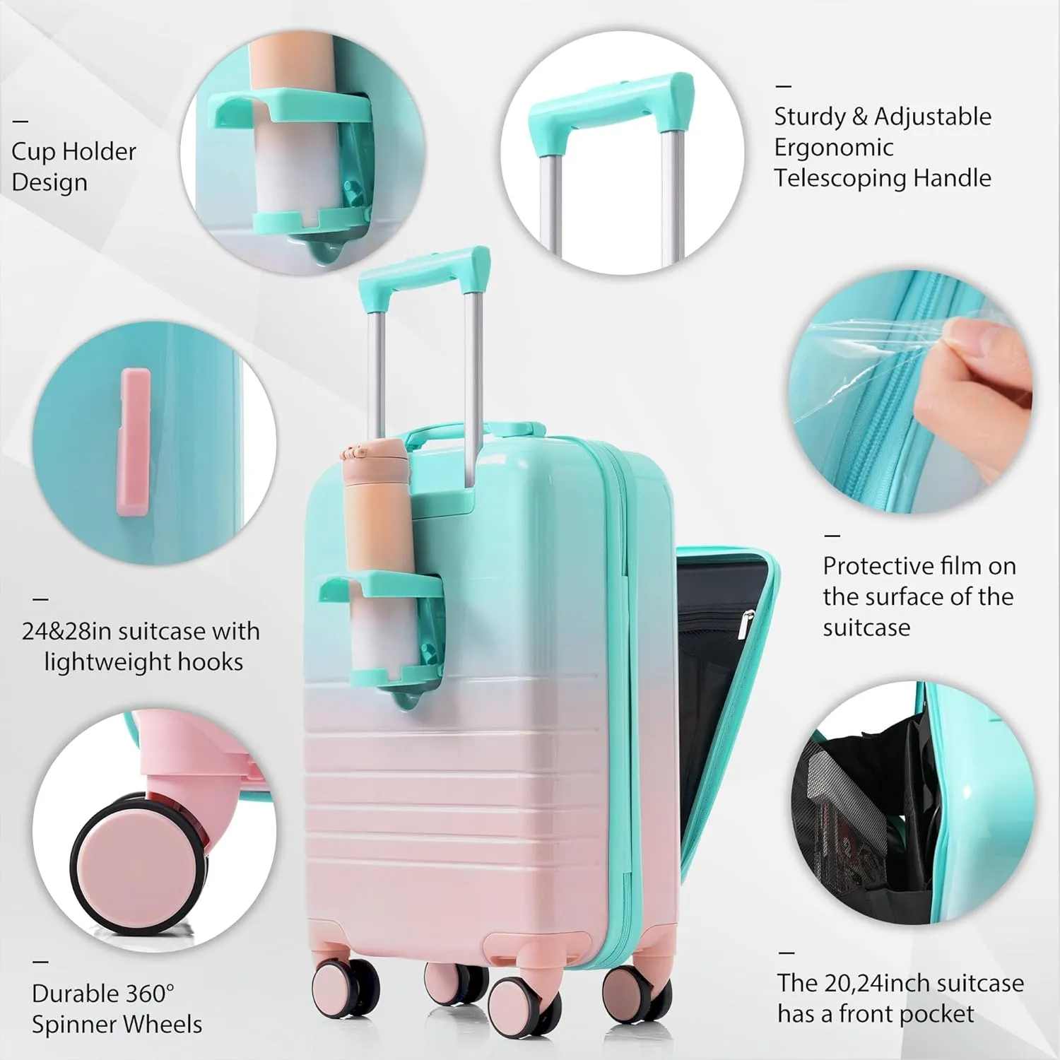 Merax Set of 3, ABS PC Hardside Luggage Sets TSA Lock Spinner Wheel Suit Cases, Light Blue and Pink, 20/24/28 Inch