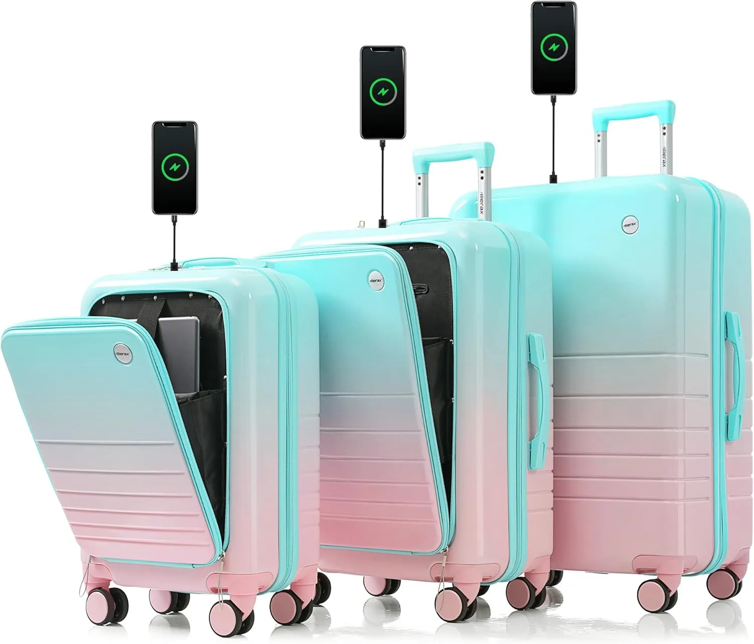 Merax Set of 3, ABS PC Hardside Luggage Sets TSA Lock Spinner Wheel Suit Cases, Light Blue and Pink, 20/24/28 Inch