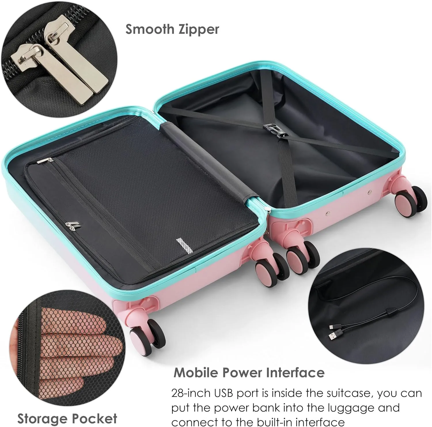 Merax Set of 3, ABS PC Hardside Luggage Sets TSA Lock Spinner Wheel Suit Cases, Light Blue and Pink, 20/24/28 Inch