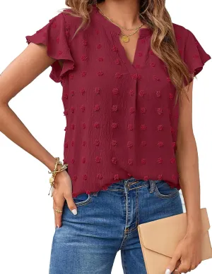 MEROKEETY Women 2025 Summer V Neck Ruffle Short Sleeve Blouse Swiss Dot Flowy Shirt Tunic Top