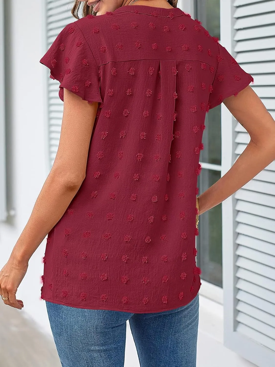 MEROKEETY Women 2025 Summer V Neck Ruffle Short Sleeve Blouse Swiss Dot Flowy Shirt Tunic Top
