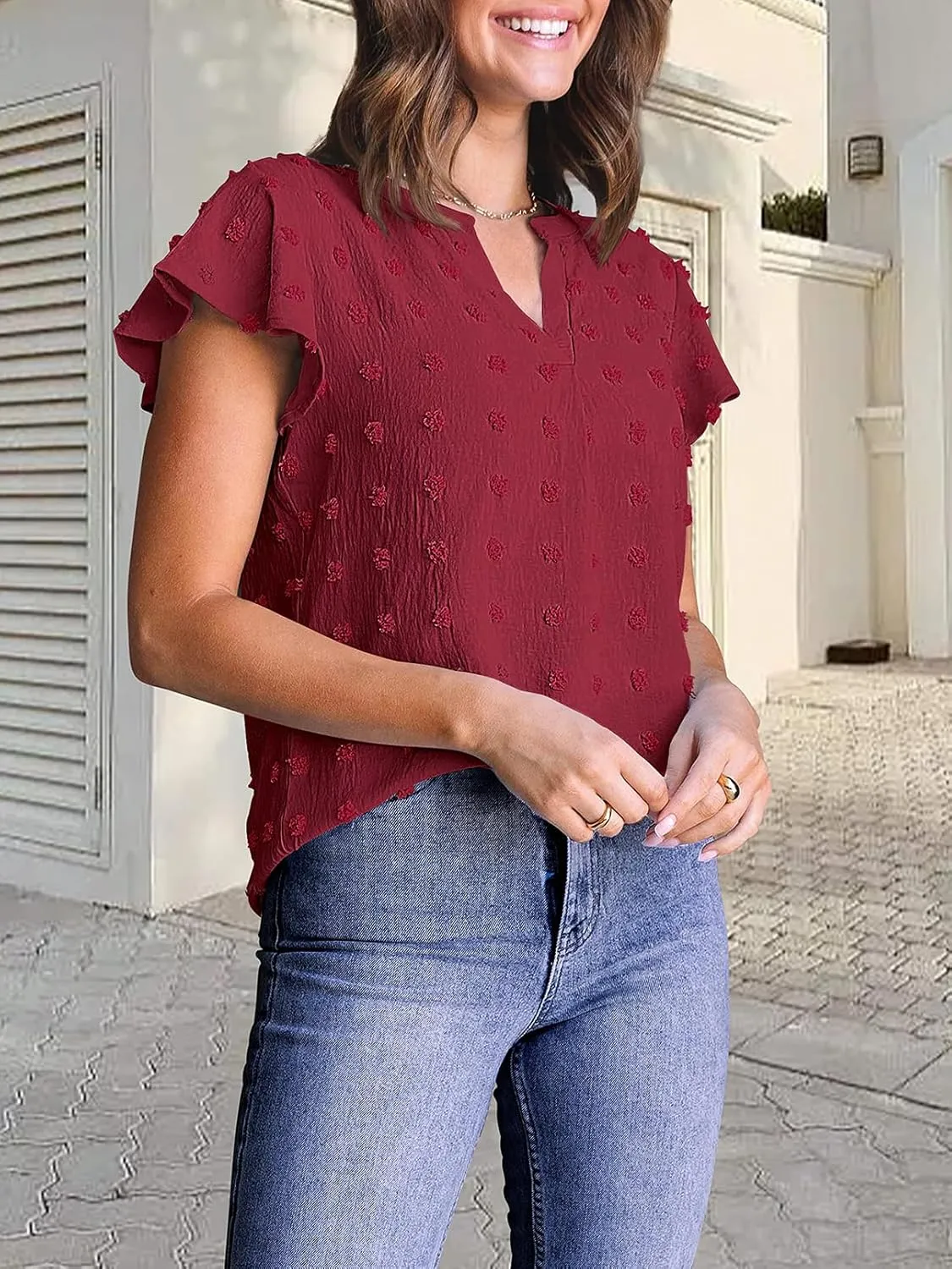 MEROKEETY Women 2025 Summer V Neck Ruffle Short Sleeve Blouse Swiss Dot Flowy Shirt Tunic Top