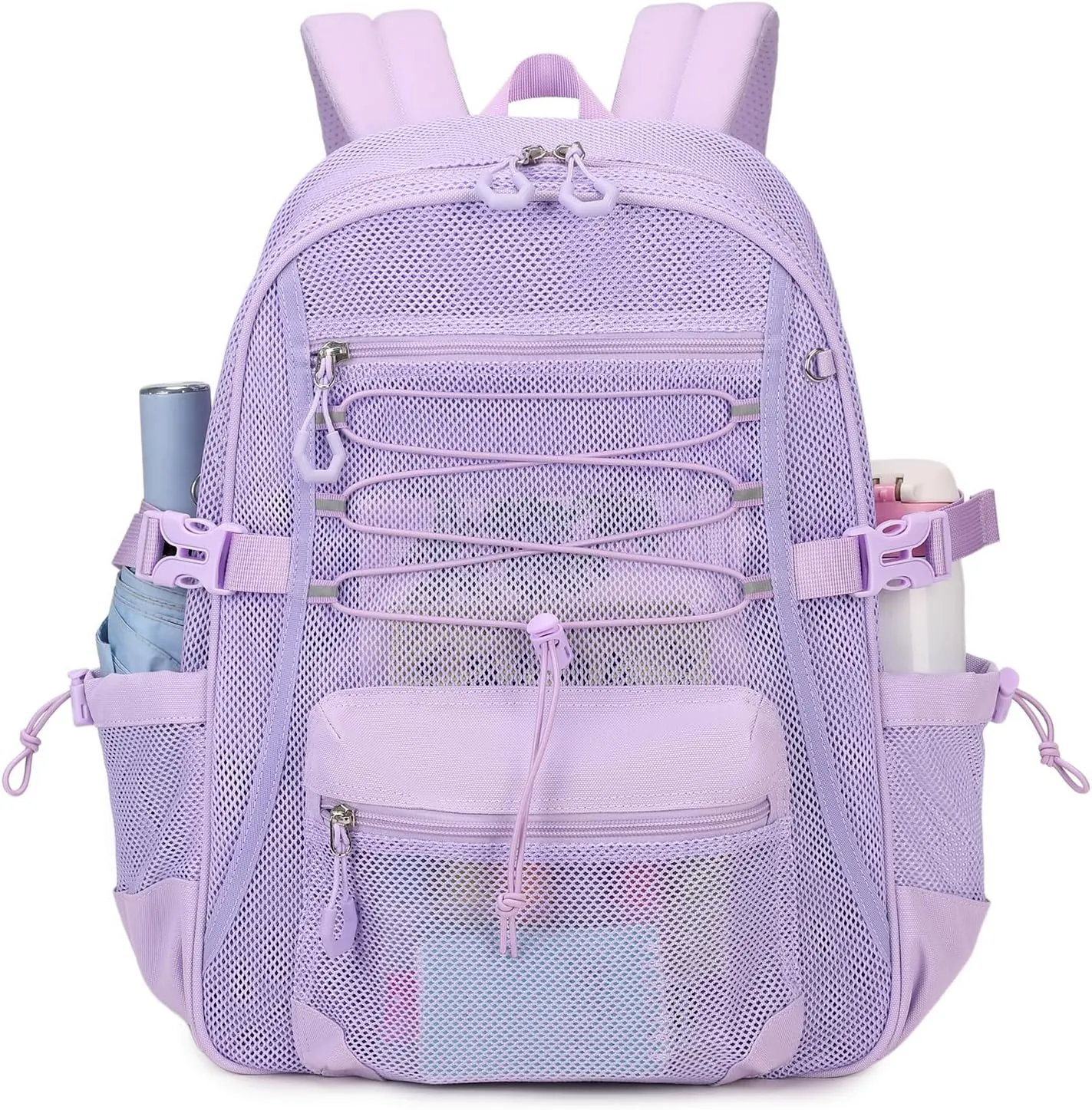 Mesh Backpack Breathable Sand Leakage Design, Lightweight See Through School Bookbag with Elastic Cord & Padded Straps, Swim Gym Essential Purple