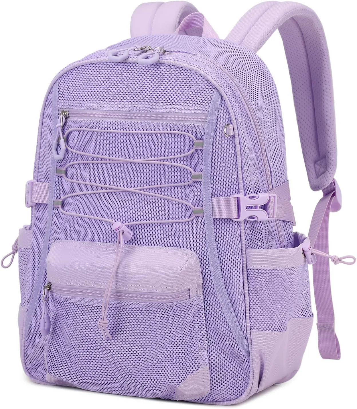 Mesh Backpack Breathable Sand Leakage Design, Lightweight See Through School Bookbag with Elastic Cord & Padded Straps, Swim Gym Essential Purple