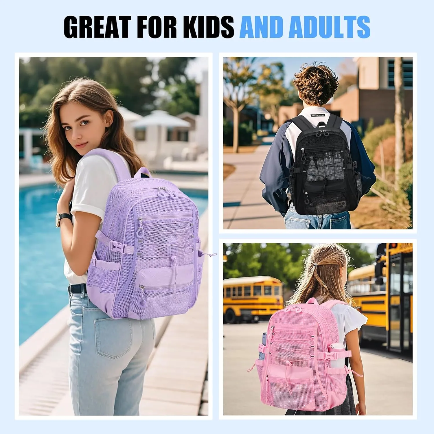 Mesh Backpack Breathable Sand Leakage Design, Lightweight See Through School Bookbag with Elastic Cord & Padded Straps, Swim Gym Essential Purple