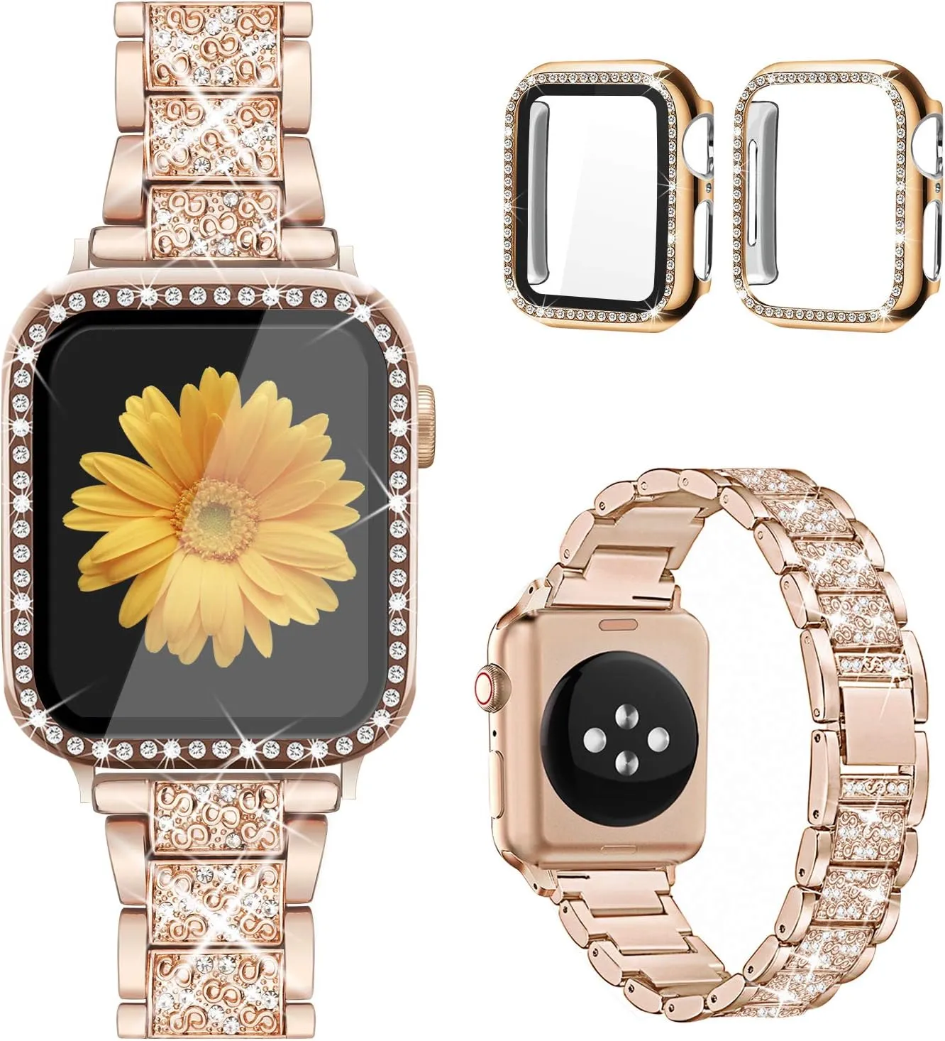 Mesime Compatible for Apple Watch Band with Screen Protector Case, Jewelry Replacement Bands 46mm 45mm 44mm 42mm 41mm 40 mm 38mm 2 Pack Protective Cover for iWatch Series 10/9/8/7/6/5/4/3/2/1/SE Women