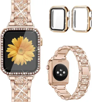 Mesime Compatible for Apple Watch Band with Screen Protector Case, Jewelry Replacement Bands 46mm 45mm 44mm 42mm 41mm 40 mm 38mm 2 Pack Protective Cover for iWatch Series 10/9/8/7/6/5/4/3/2/1/SE Women
