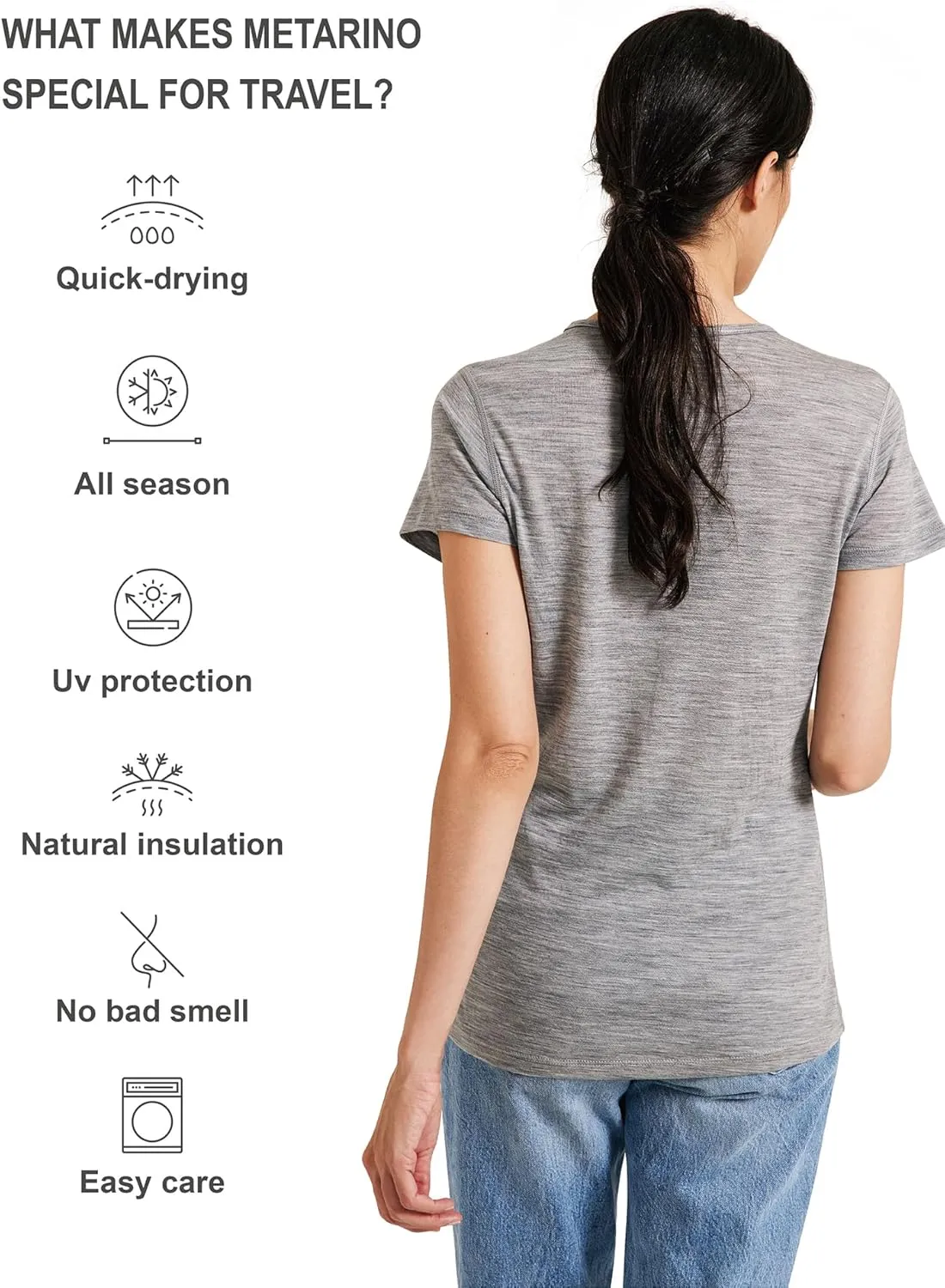 METARINO Merino Wool T-Shirt Women Short Sleeve Lightweight Crew Neck Base Layer Tee Shirt for Hiking,Sport