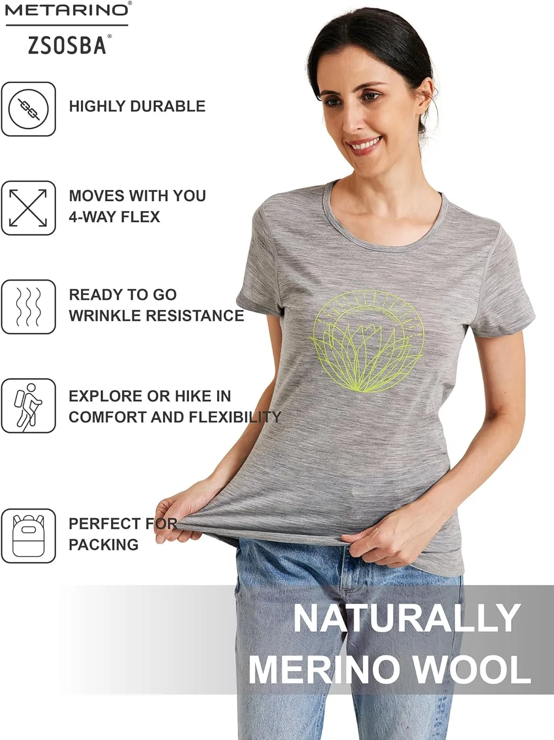 METARINO Merino Wool T-Shirt Women Short Sleeve Lightweight Crew Neck Base Layer Tee Shirt for Hiking,Sport