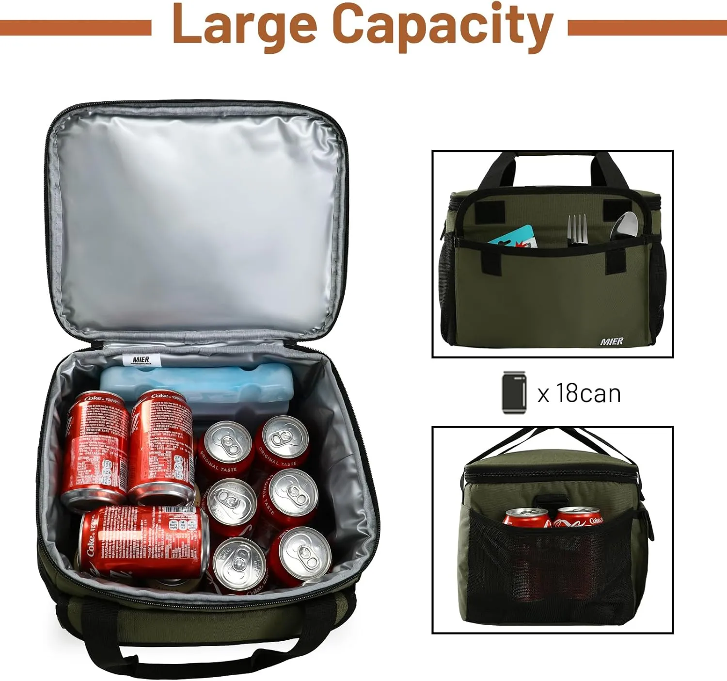 MIER Large Lunch Box for Men, Insulated Lunch Bags Soft Coolers Bag with Shoulder Strap for Adults Work Beach Picnic Travel, 18 Cans, Army Green