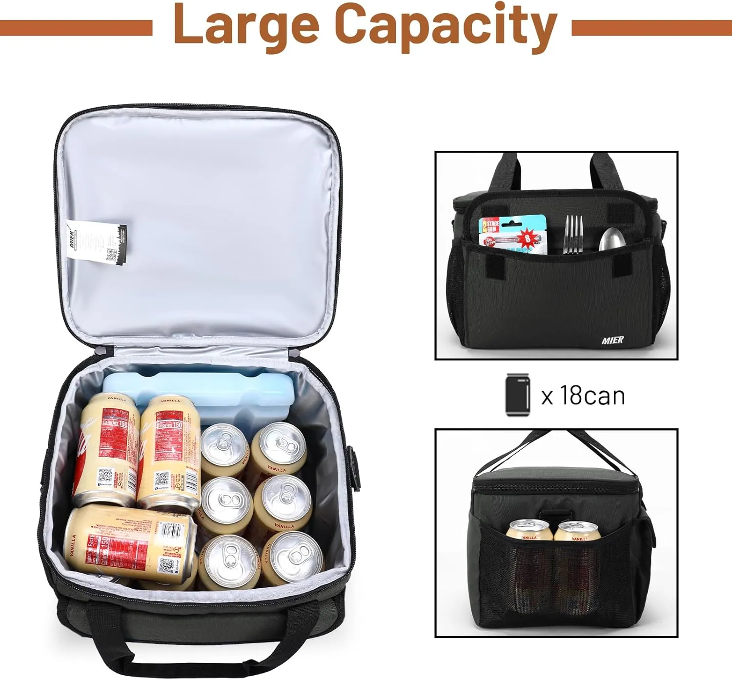 MIER Large Lunch Box for Men, Insulated Lunch Bags Soft Coolers Bag with Shoulder Strap for Adults Work Beach Picnic Travel, 18 Cans, Grey