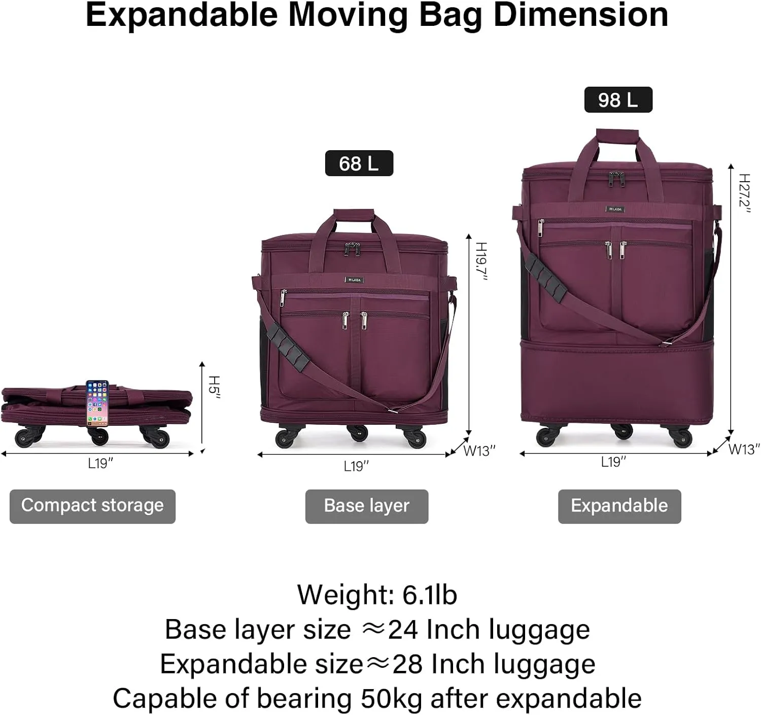 MILADA Moving Boxes for Packaging Moving Bags Expandable Moving Boxes Medium and 98 L Large with Five Wheels and Detachable Shoulder Strap Moving Storage Bags also for Travel,Purple