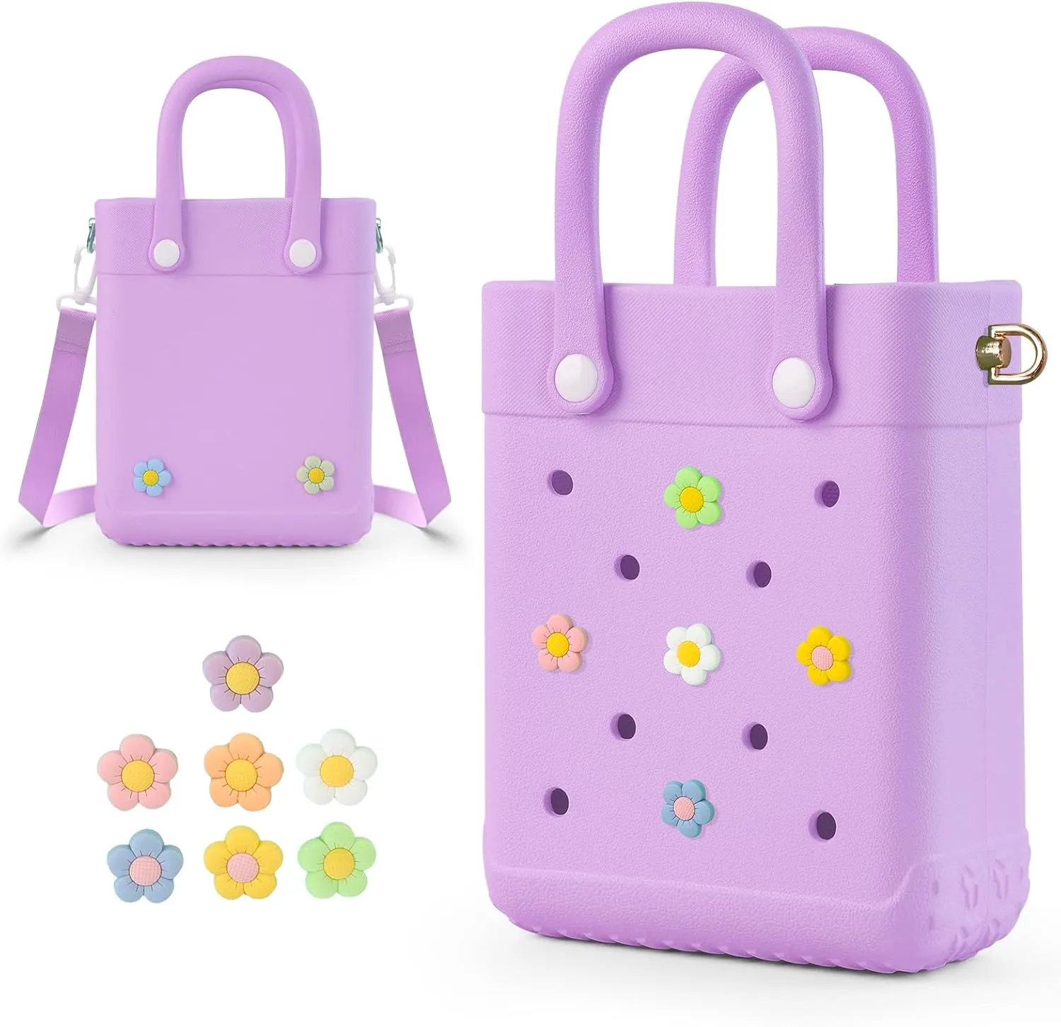 Mini Crossbody Rubber Tote Bag with 7 Charms X-Small Rubber Beach Bag for Little Girls and Woman